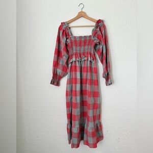 Frances Hart Red Plaid Smocked Puff Sleeve Maternity Dress